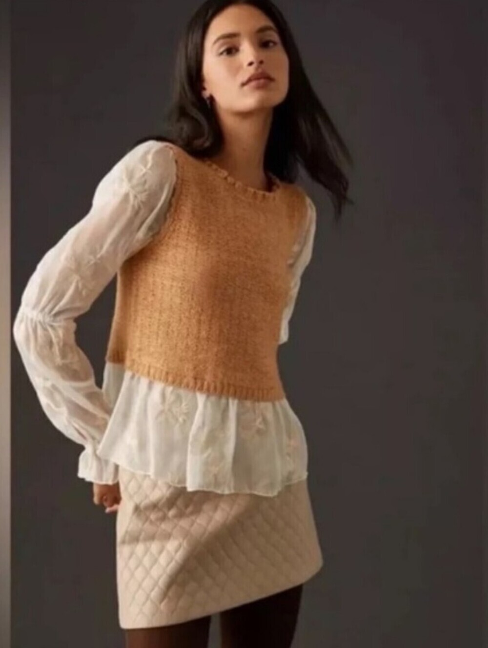 Anthropologie Peach Knit Cropped Vest with Sheer White Lace Blouse_S